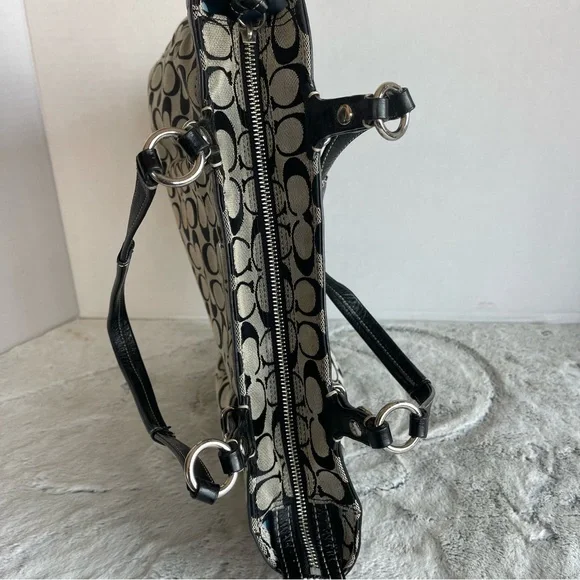 Coach Signature Canvas Leather Medium Tote Shoulder Bag Gray and Black Zip - Picture 9 of 15